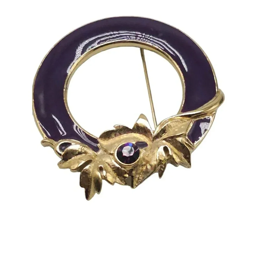 Purple Enamel Rhinestone Open Floral Wreath Brooch Pin Gold Tone Vintage